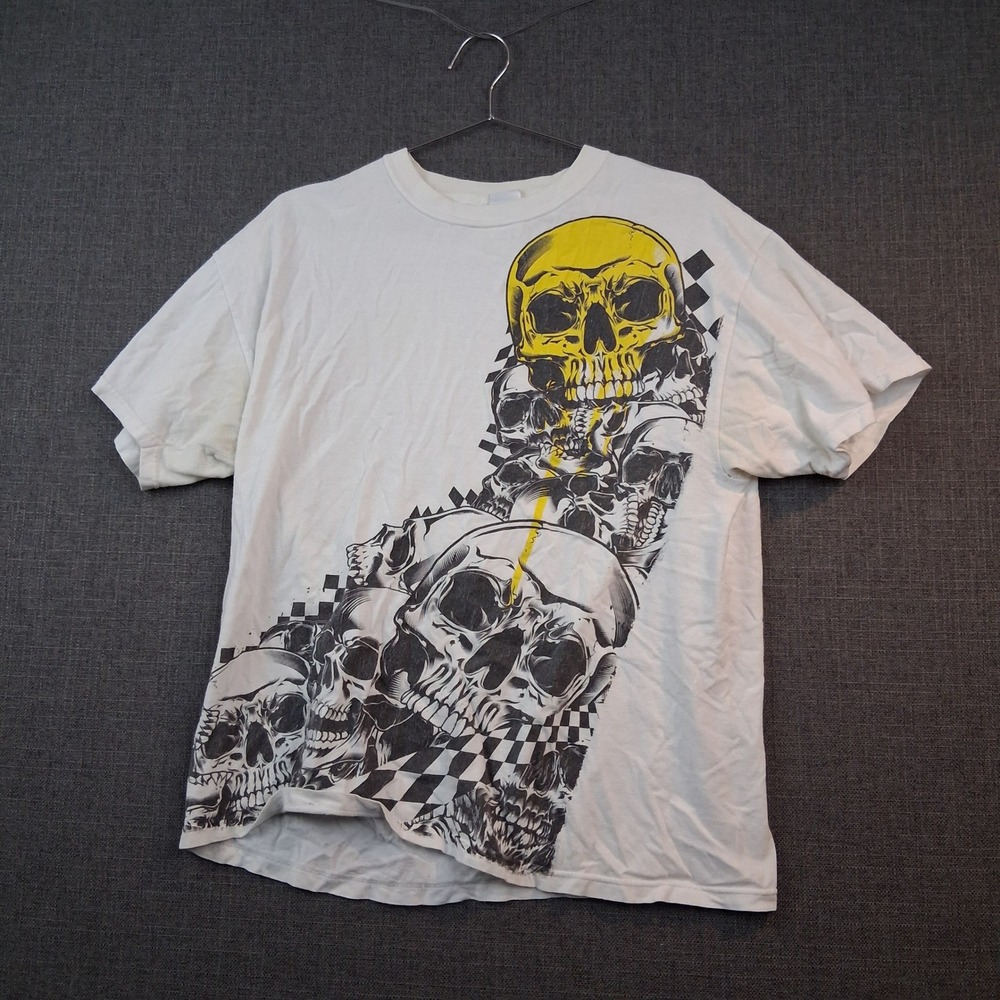 M&O Knits Mens Skull Graphic T-Shirt White Heavy Weight Cotton Large Streetwear
